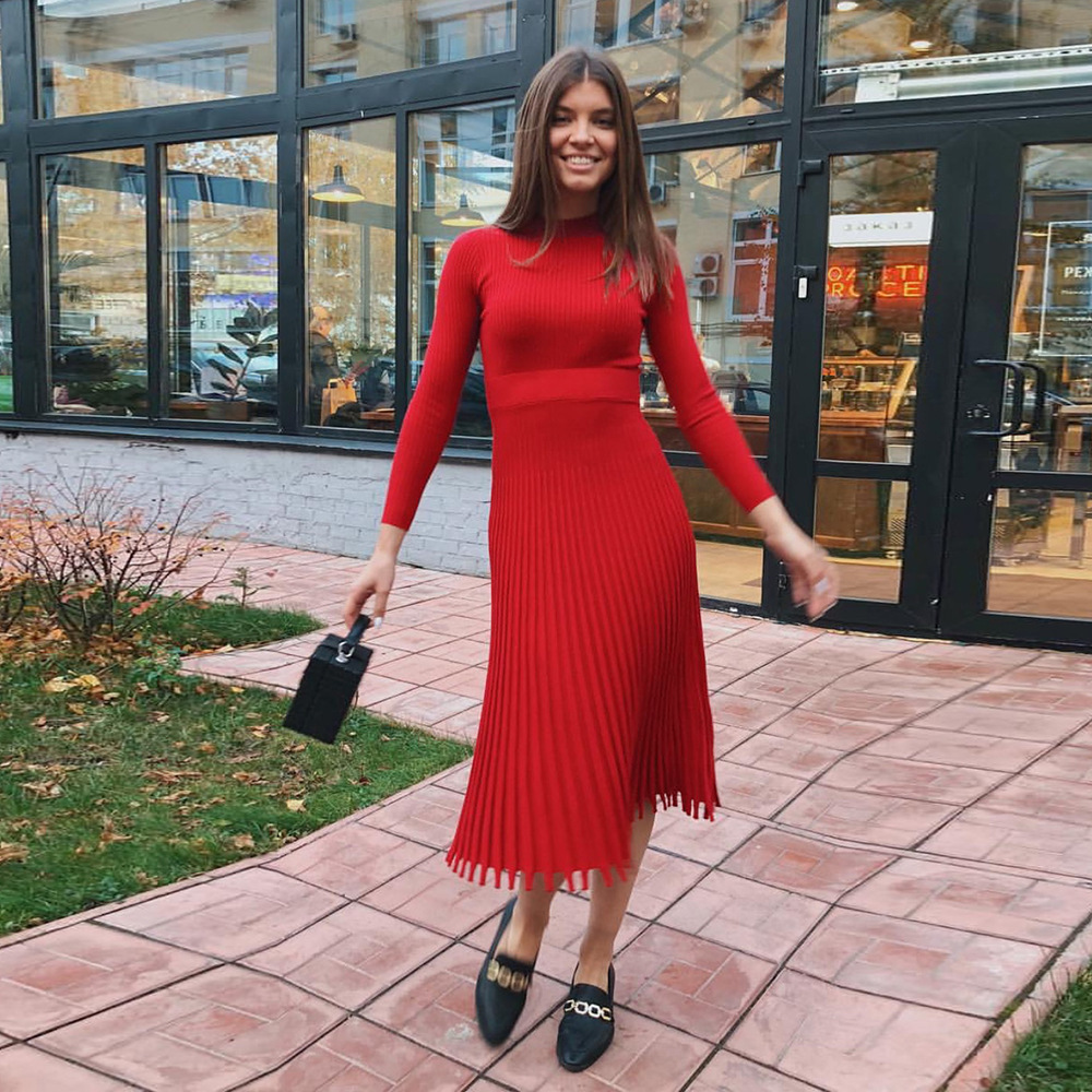 Ootddress Ribbed Pleated Knit Dress Women Loose Fashion Patchwork Long Sleeve Dress High Waist Knitwear Female Autumn Maxi Dress New
