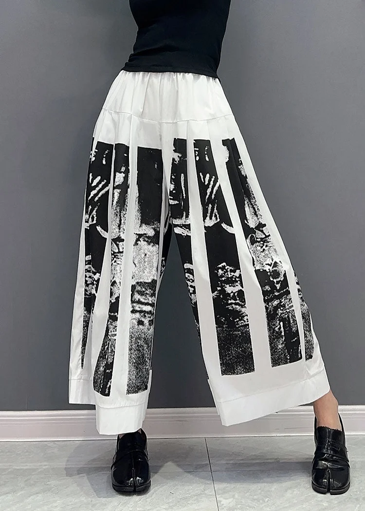 White Print Patchwork Cotton Wide Leg Pants Wrinkled Spring