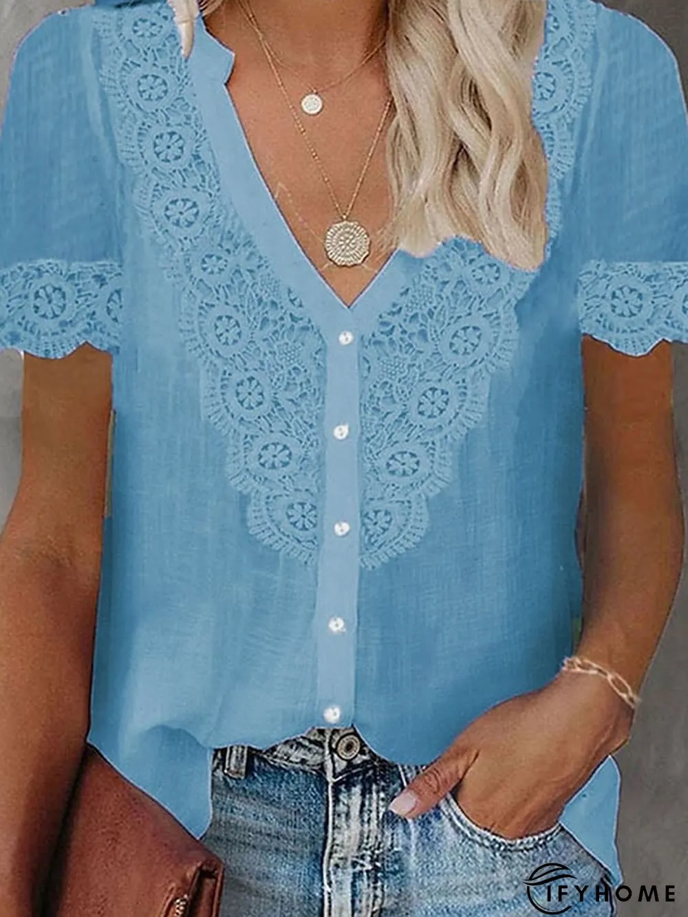 Womens Shirt Blouse Black White Pink Plain Lace Patchwork Short Sleeve Daily Weekend | IFYHOME