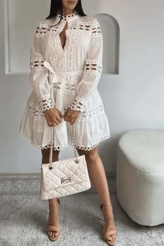 Women's Fashion Solid Color Single Breasted Lace Splicing Dress
