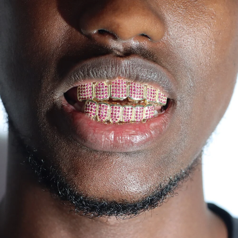Iced Out 14K Gold Plated Pink CZ Teeth Grillz Caps Bling Halloween Jewelry-VESSFUL