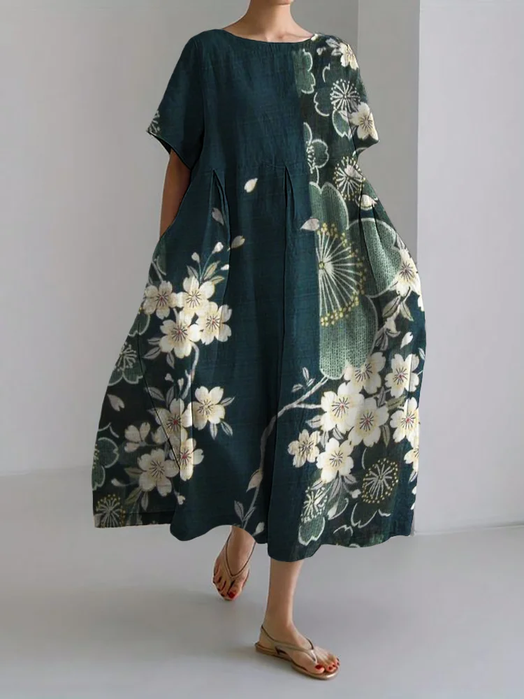 VChics Cherry Blossom Japanese Art Classy Linen Blend Maxi Dress