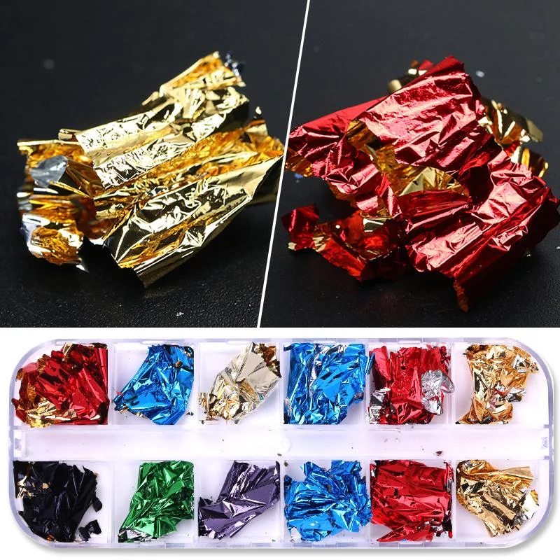 12 Grids Sparkly Foil Nails Sequins Irregular Aluminum Gold Red Summer Design Set  Mirror Chrome Glitter Flakes Gel DIY Manicure-Nail Inspo