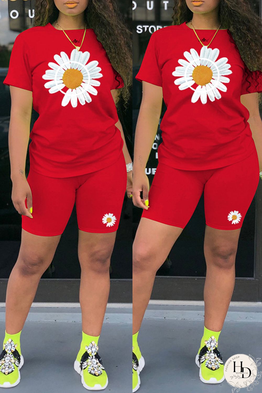 Black Fashion Casual Print Basic O Neck Short Sleeve Two Pieces