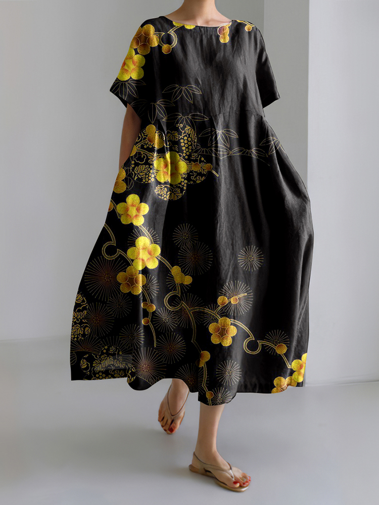 Comstylish Japanese Flowers Print Linen Maxi Dress