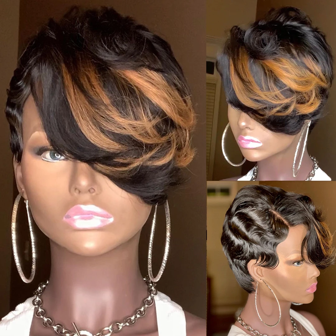 🔥Hot| New Fashion Summer Brown Glueless Mixed Gold Short Waves Human Hair Lace Front Wig US Mall Lifes