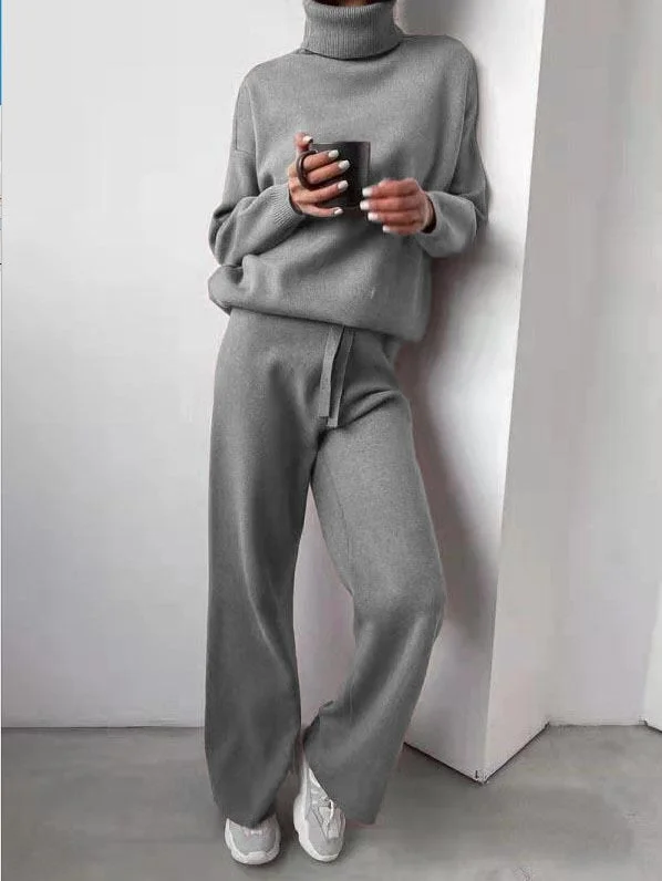 Solid Two Piece Set Women Turtleneck Long Sleeve Top Pullover Casual Long Pants Suit Female Autumn Homewear Outfits Tracksuit