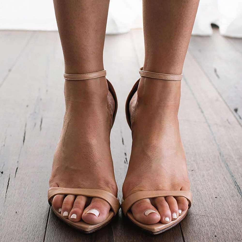 Beige Pointed Toe 3'' Stiletto Heel Buckled Ankle Strap Sandals Nicepairs