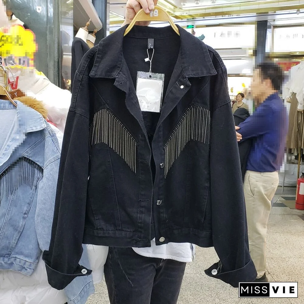 Spring And Autumn New Korean Fashion Tassel Denim Jacket Female Loose Thin Personality Single-Breasted Women Black Jacket