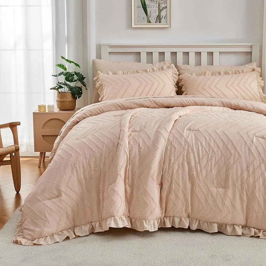 Qucover Bed in a Bag King Size Comforter Set 7 Pieces Tufted Shabby Chic Bedding Set with Ruffle Fringe Boho King Size Comforter Set with Sheets for Girls, Women, Adults