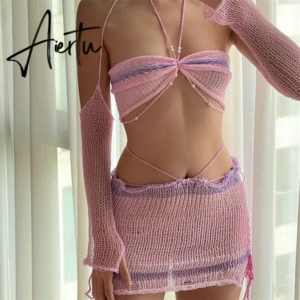 Fashion Hollow Out Knitting Top and Skirt Elegant Outfits for Women Summer Hot Halter Matching Set Co-Ord Bandage Aiertu