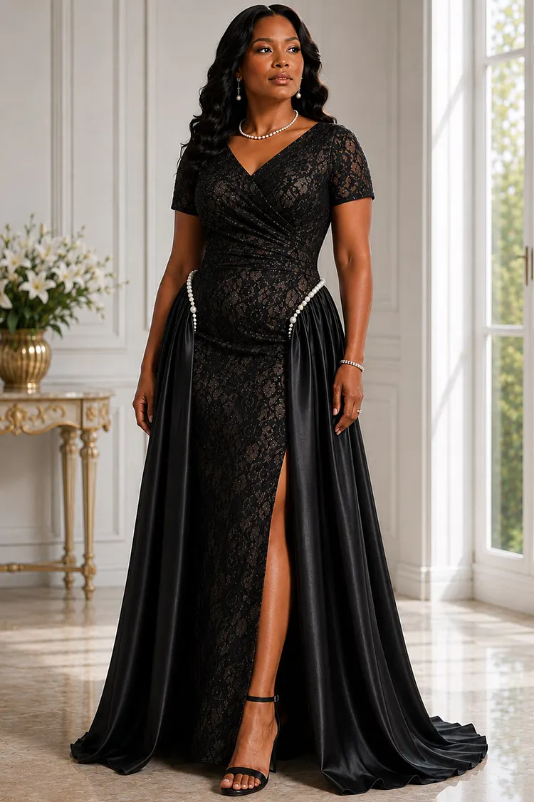 Xpluswear Design Plus Size Formal Satin Black Wrap Neck Short Sleeve With&nbsp;Skirt&nbsp;Overlay&nbsp;Split Lace Maxi Dresses [Pre-Order] 2024 - Xpluswear