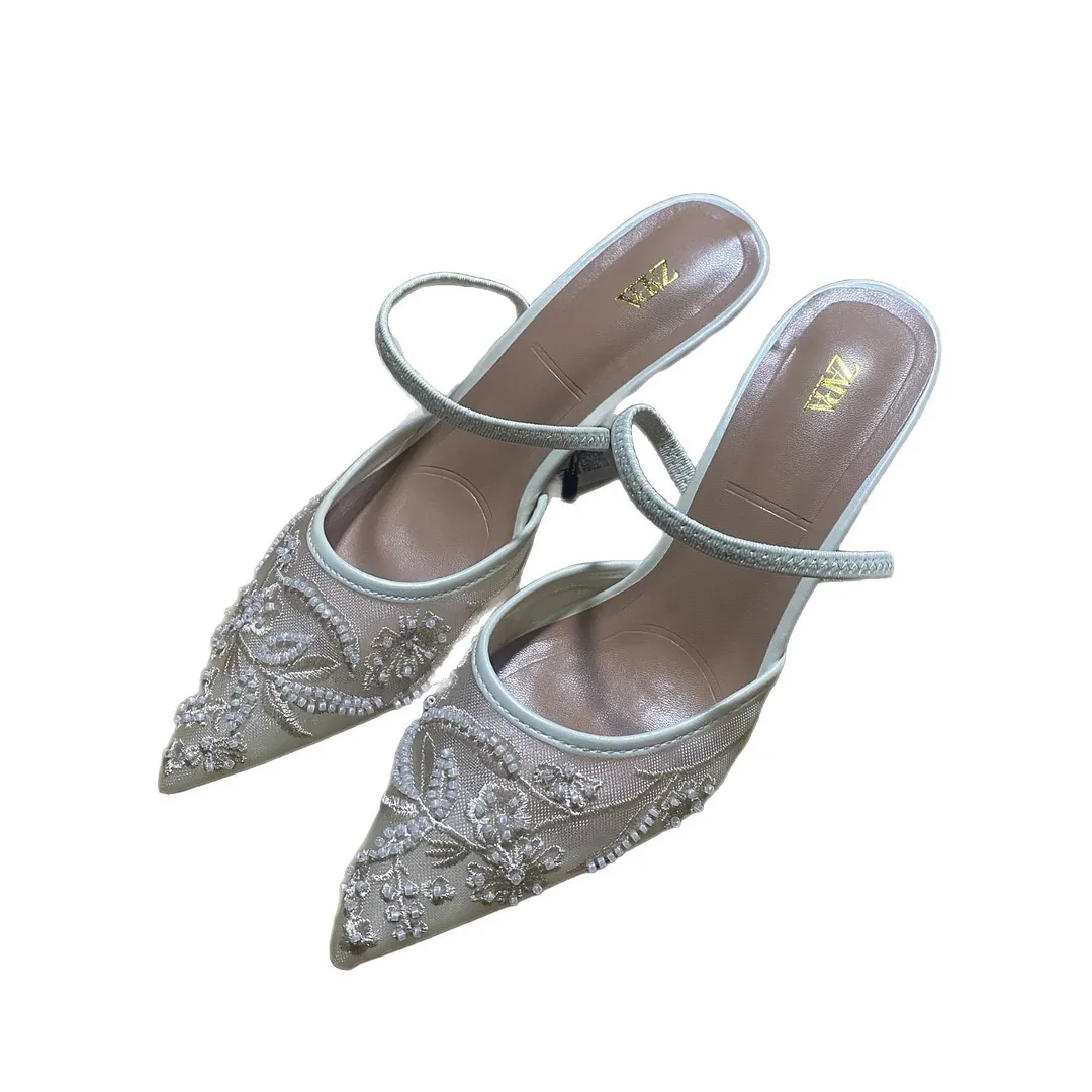 Breakj Breakj 2025 New New Products Sharp Head Behind The Empty Solid Color Embroidery Mesh Fine High Heel Muller Shoes 8236