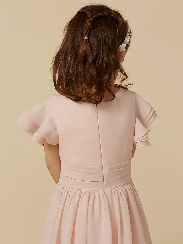 Daisda Short Sleeve Scoop A-Line Tea Length Flower Girl Dress With Sash 