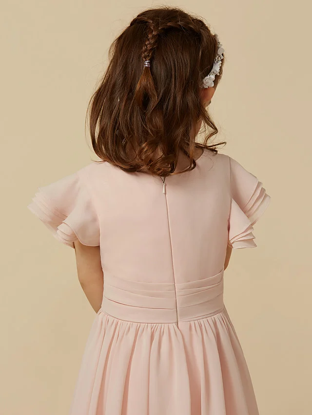 Daisda Short Sleeve Scoop A-Line Tea Length Flower Girl Dress With Sash 