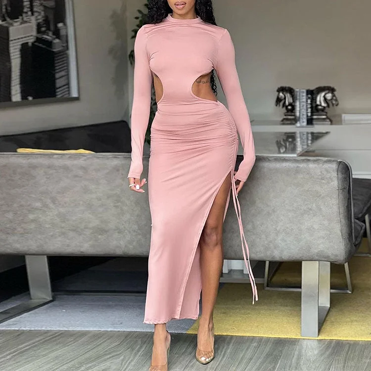 Solid Long Sleeve Cut Out High Slit Maxi Dress - IRBOOM Fashion Clothing