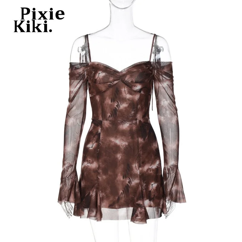 uveng Off The Shoulder Long Flare Sleeve Mini Dress Y2k Grunge Fairycore Mesh Dresses Viintage Clothes Women P95-FZ32