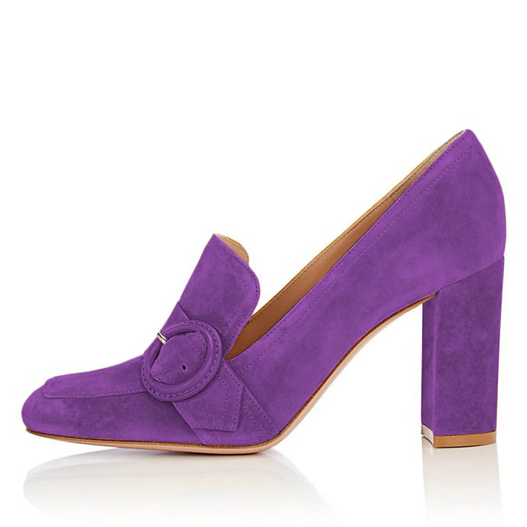 Vegan Suede Square Toe Round Buckle Chunky Heeled Loafers in Purple