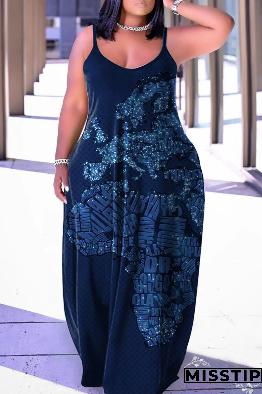 Tangerine Red Sexy Casual Print Backless Spaghetti Strap Long Dress Dresses