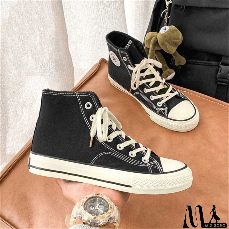 MidiSono - Men's Lace-Up Fur Lined Canvas Sneakers for Winter