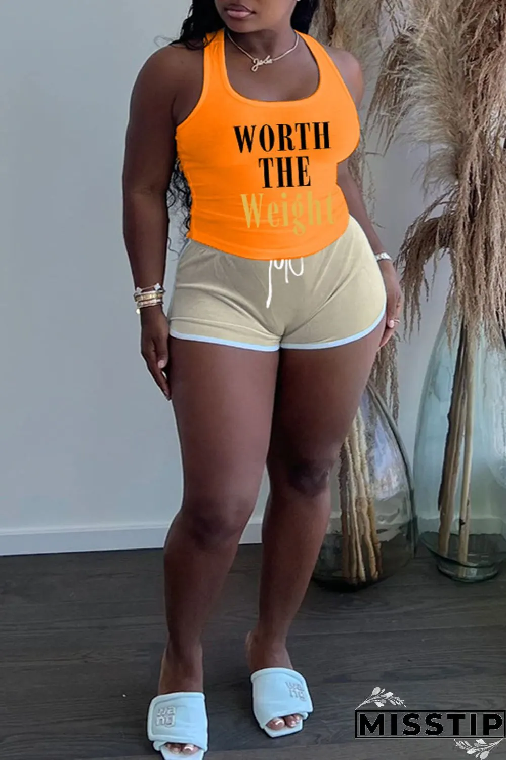 Khaki Casual Letter Patchwork U Neck Plus Size Two Pieces