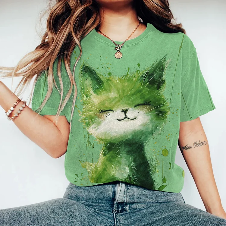 Abstract Creative Green Elf Cute Cat Painting Art T-Shirt