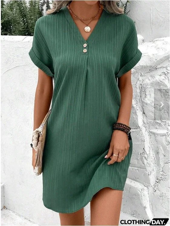 Women Casual Office Elegant Solid Color V Neck Pullover Comfortable Short Sleeve Button Dress