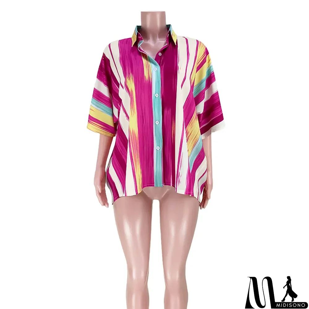 MidiSono - Women Sexy Short Front Back Long Casual Colorful Striped Loose Shirt