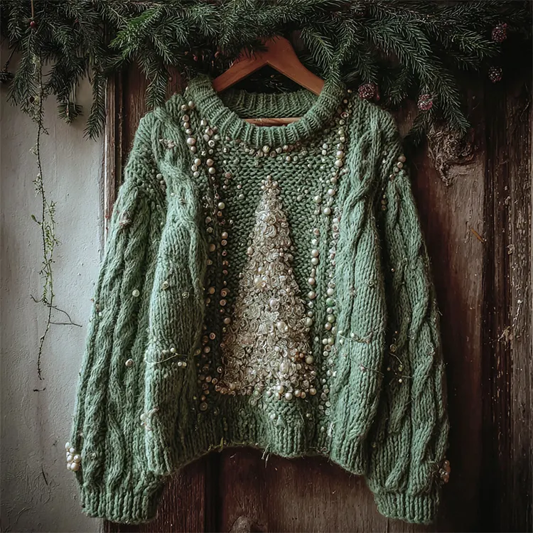 Elegant Christmas Tree Beaded Cozy Cable Knit Sweater