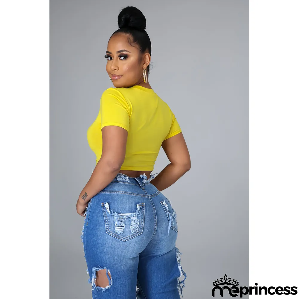 Solid Short Sleeve Hollow Out Cropped T Shirt