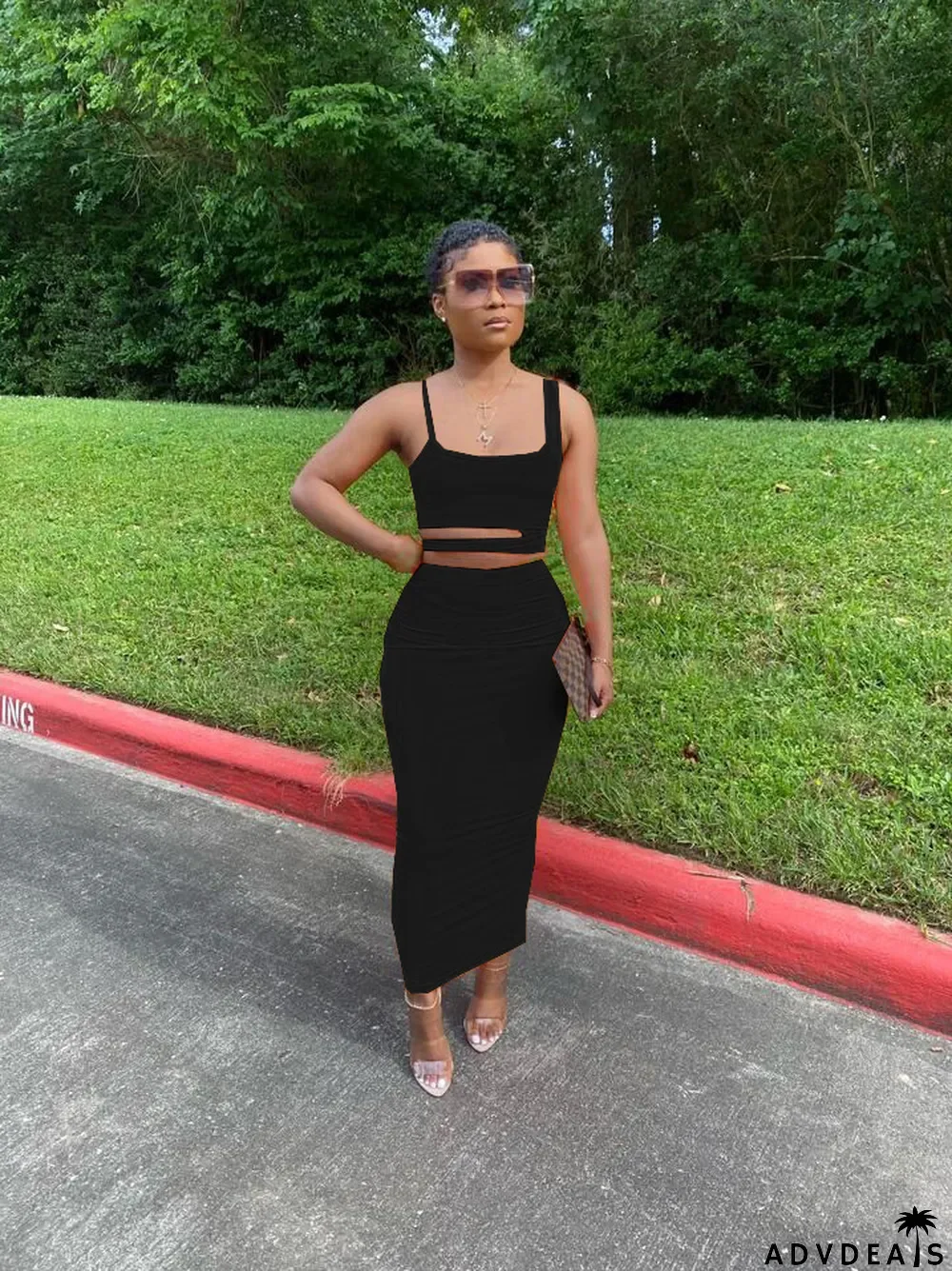 Solid Spaghetti Strap Maxi Skirt Hollow Two Piece Sets