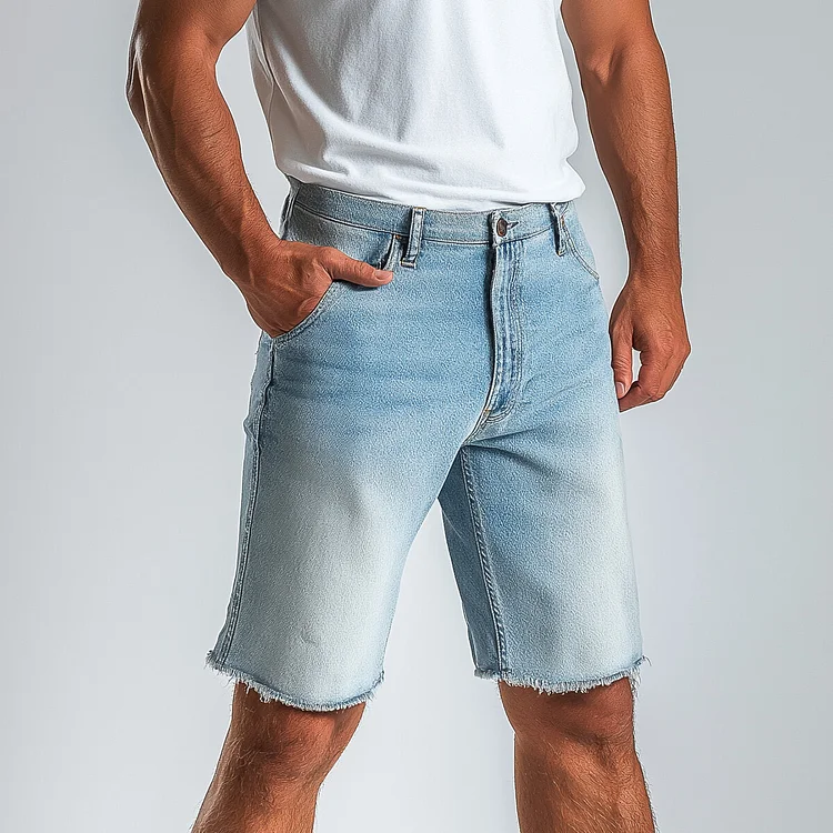 Men's Mid Rise Pocket Denim Raw Edge Shorts