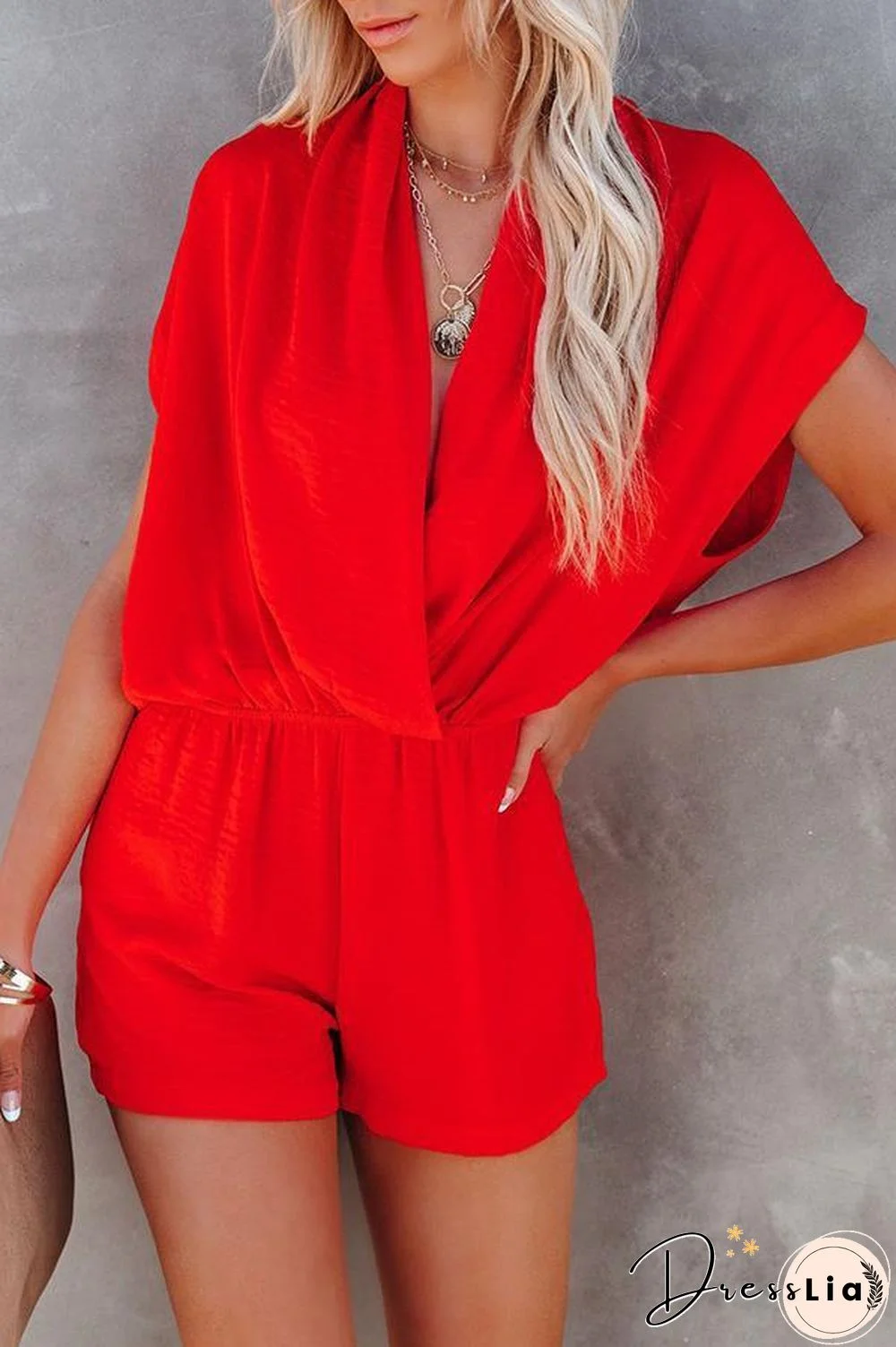 Solid color V-neck Romper P15107