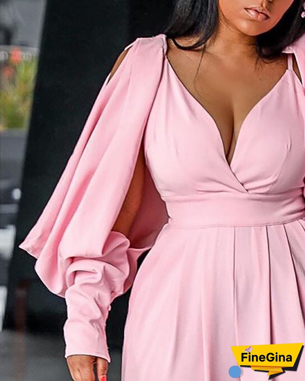 Lantern Sleeve Cutout Ruched Plunge Jumpsuit