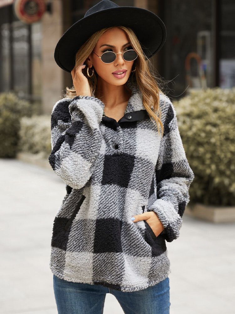 Check Pattern Pocket Snap Button Lapel Plush Sweatshirt - Shop Trendy Women's Clothing | LoverChic