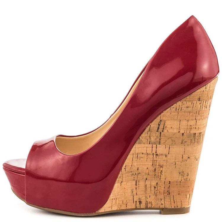 Dark Red Cork Wedges Patent Leather Peep Toe Platform Pumps |FSJ Shoes