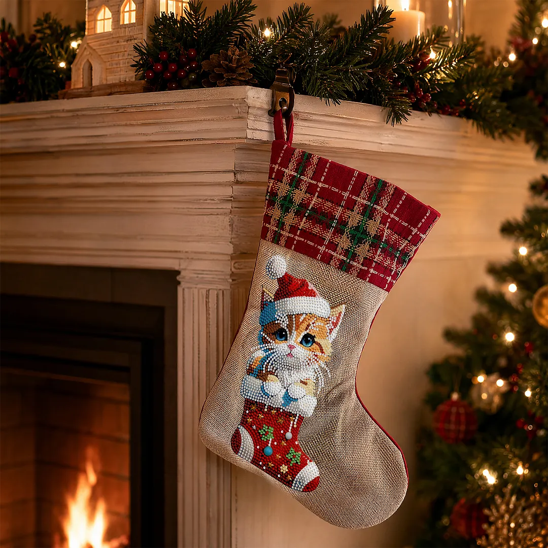 DIY Diamond Painting Christmas Stockings Hanging Ornaments Large Capacity Xmas Socks Pendant Wear Resist Candy Gift Storage Bags for Family Christmas Holiday Party Decoration (Christmas cat)
