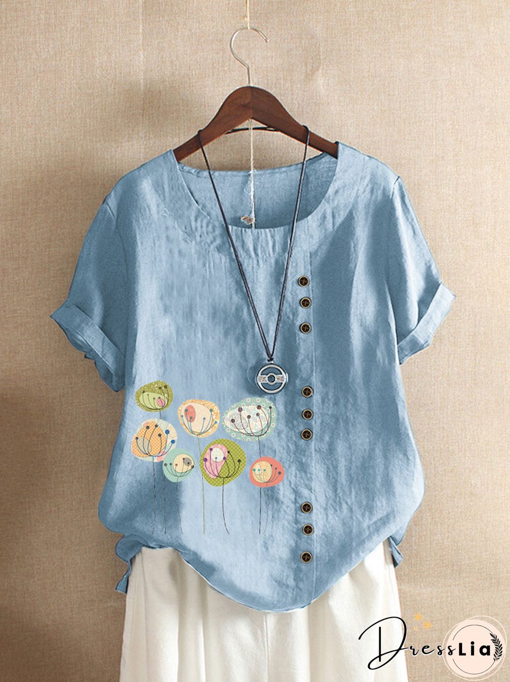 Button Cartoon Floral Print Short Sleeve Casual T shirt P1509230