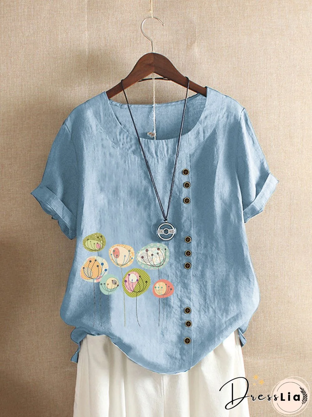 Button Cartoon Floral Print Short Sleeve Casual T shirt P1509230