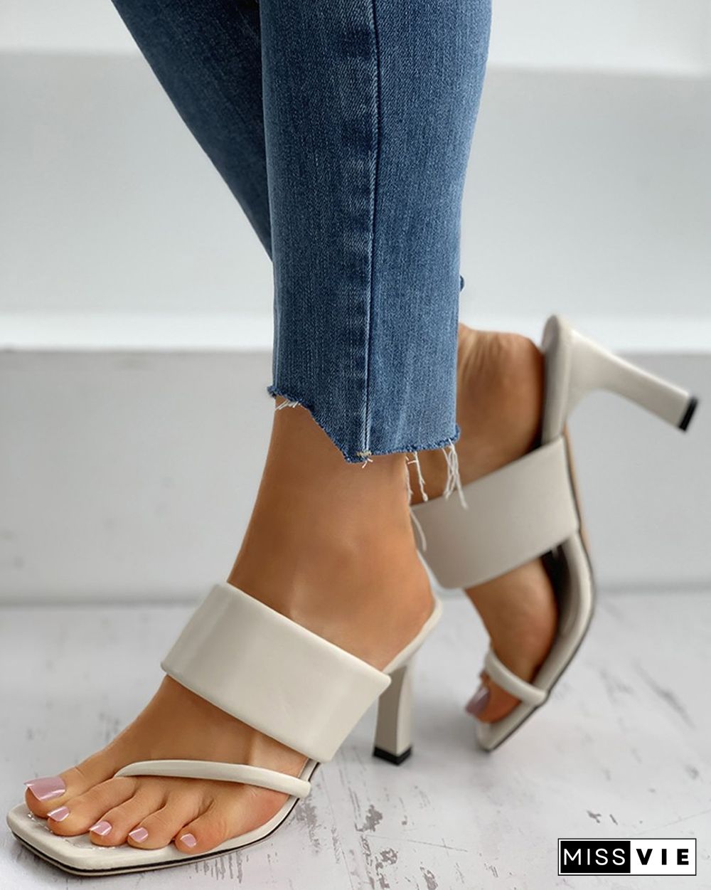 Square Toe Post Heel Mule Sandals
