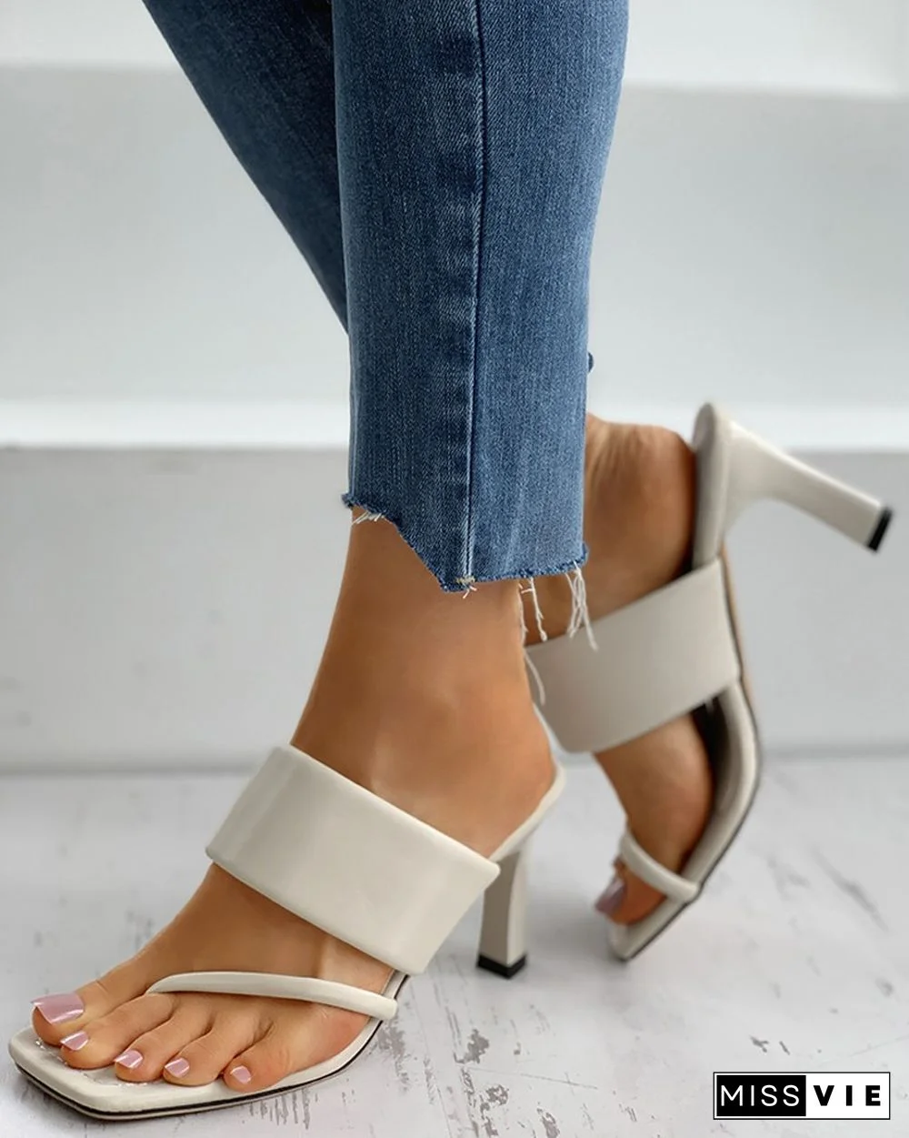 Square Toe Post Heel Mule Sandals