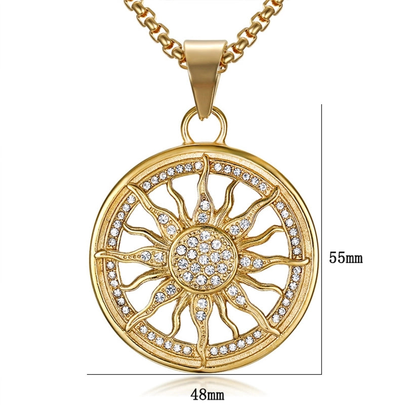 Jewelry Hip-Hop Retro Round Titanium Steel Rhinestones Inlay Pendant Necklace