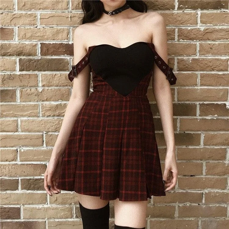 Gothic Red Plaid Sling Dress SP15016