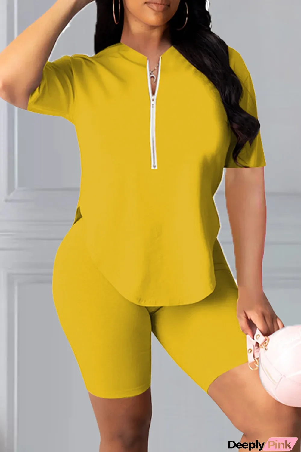 Yellow Casual Solid Split Joint Zipper Collar Short Sleeve Two Pieces