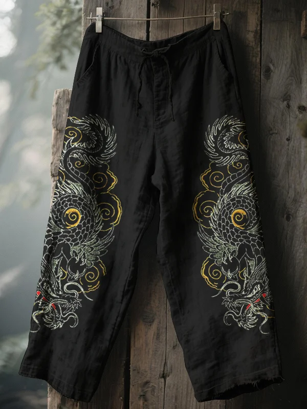 Men's Dragon Totem Print Workwear Drawstring Waist Casual Pants