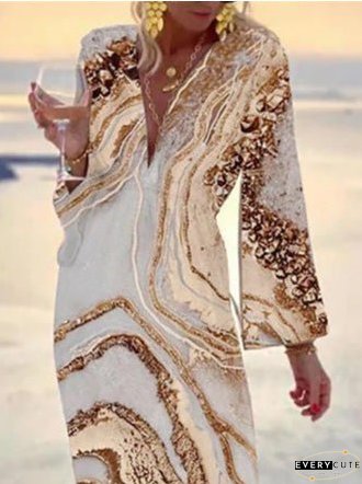 Dresses Printed V-Neck Long Sleeve Dress for Women