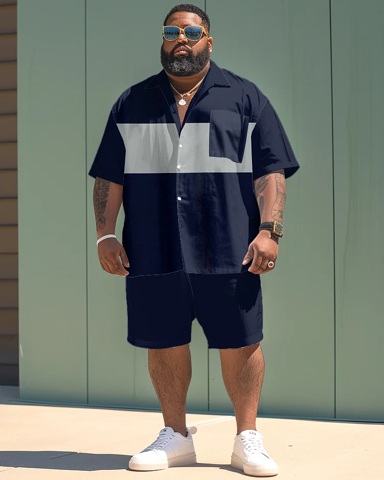 Men's Plus Size Simple Color Matching Short Sleeve Shirt Shorts Suit