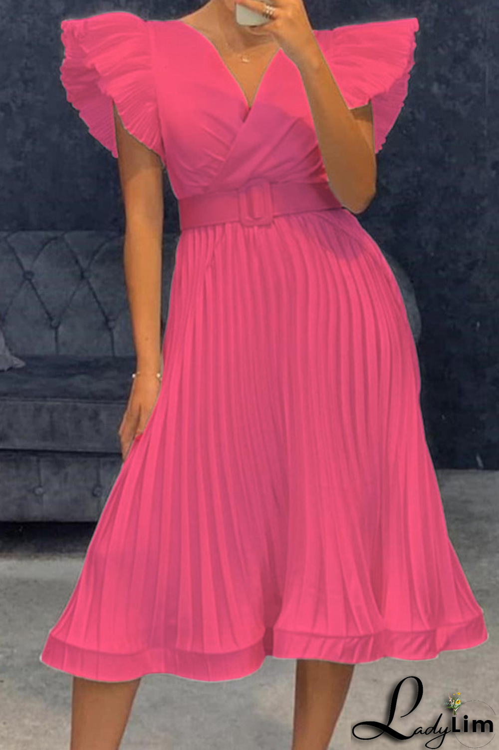 Pink Casual Solid Flounce Cross Straps V Neck Cake Skirt Dresses