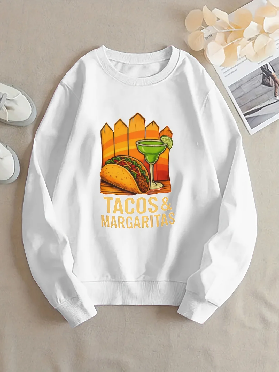 Women's "Tacos & Margaritas" Graphic Hoodie - Casual Round Neck Sweatshirt With Vibrant Taco & Margarita Illustration, Black, Long Sleeve, Lightweight Polyester Blend For Summer & Spring | IFYHOME