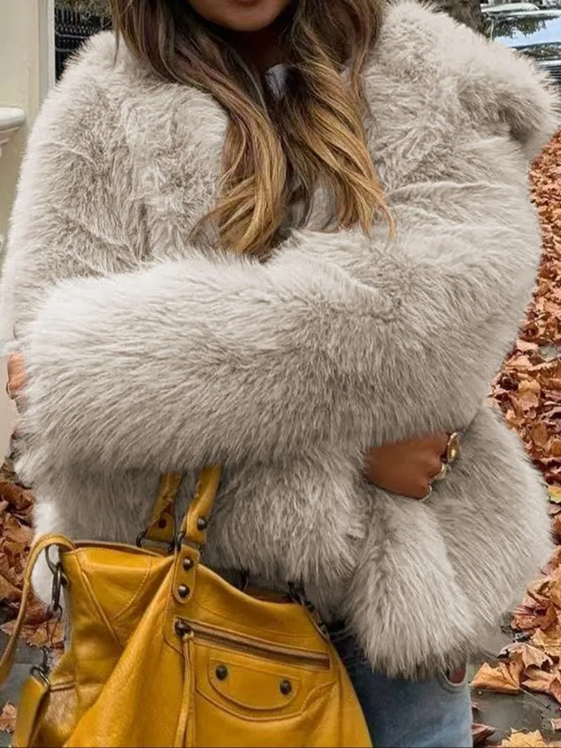 Women's Casual Faux Fur Hooded Jacket Short Style Fall & Winter Wear Moderate Fabric Thickness Fitted Design Coffee Brown Basic Outerwear Coats